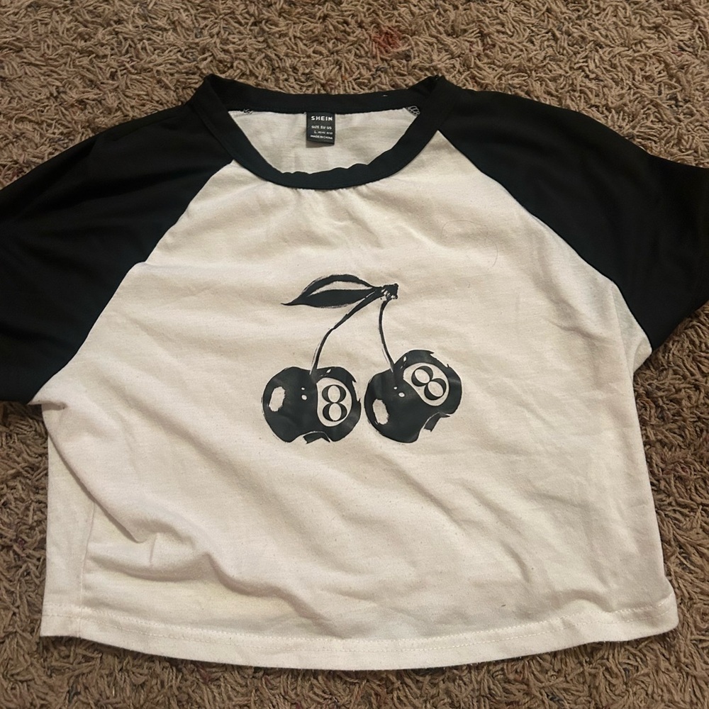 Xhilaration Black and White Short Sleeve Tee with Cherry Graphic